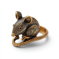 Fototapeta premium Detailed Bronze Rat Ring Photo - Animal Jewelry, Vintage Style, Intricate Design, White Background