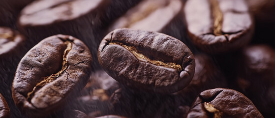 Macro shot of roasted coffee beans, emphasizing their texture.