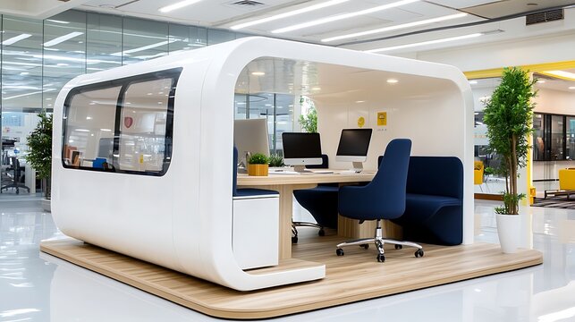 Modern Floating Office Pod Design in White and Blue for Corporate Environment