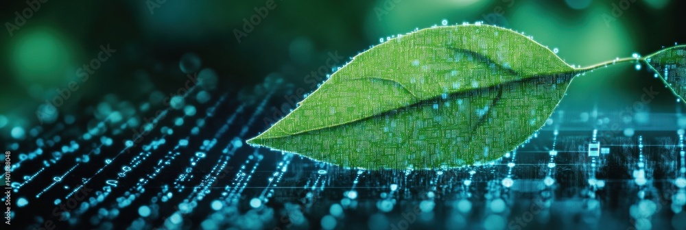 Poster green leaf dissolves into digital pixels representing the fusion of nature and technology