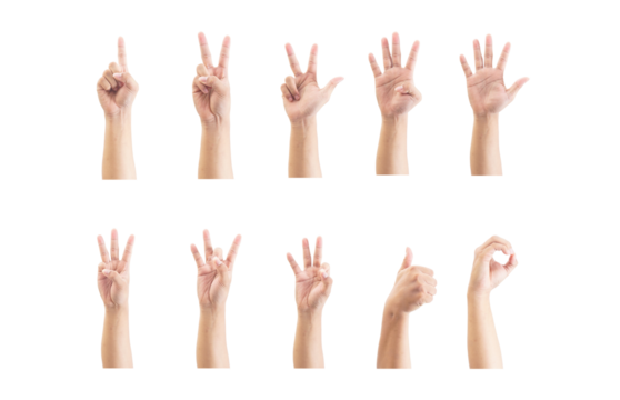 Set collection of Indonesian number sign language isolated on transparent background