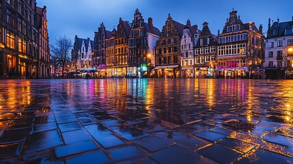 Naklejka premium Grote Markt in Antwerp Belgium, Reflective Pavement at Night after rain