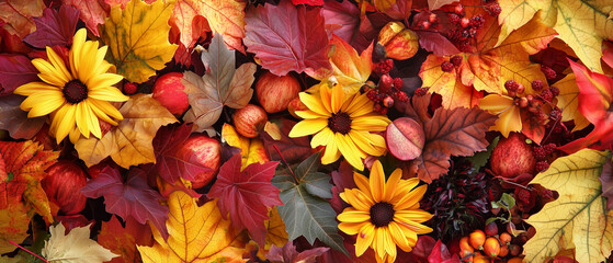 Fototapeta premium A mix of flowers and fall foliage, showcasing warm autumn hues