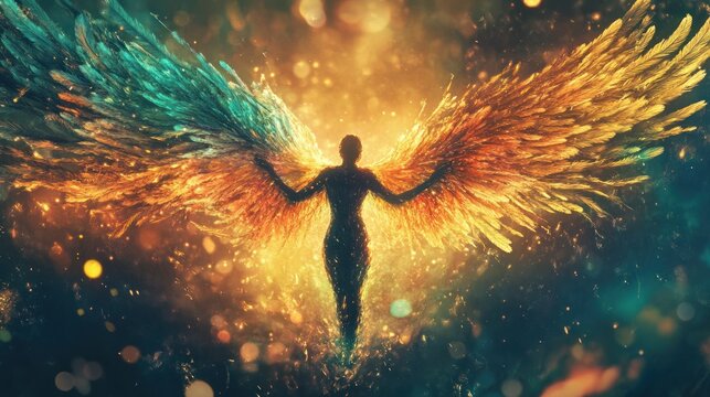 A dreamlike figure with shifting feathered wings, constantly changing colors --ar 16:9 --v 6.1 Job ID: 36cbd0d4-2b9f-4eb9-96cd-295ac6c897cf