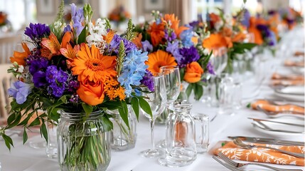 Fototapeta premium Colorful Floral Decorations on Wedding Table with Vibrant Spring Flowers