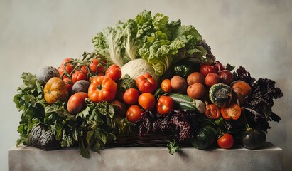 A basket of vegetables, such as tomatoes and lettuce, is displayed on a white background. The various fruits and vegetables in one large pile form an attractive display, 