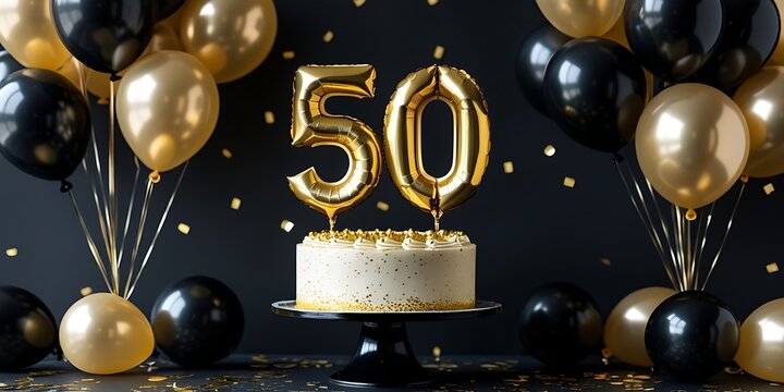 Elegant 50th birthday celebration setup with a stylish cake, golden and black balloons, and sparkling decorations perfect for a milestone party or anniversary event.