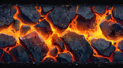 Seamless Pixel Art Lava Flow Background Texture Featuring Hot Molten Rock and Cracks with Geothermal Glow