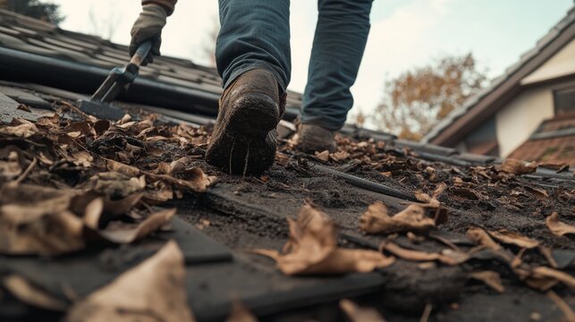 Roofing worker cleaning debris off a roof. Featuring care and efficiency