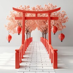 Red Torii Gate Pathway Through Cherry Blossoms