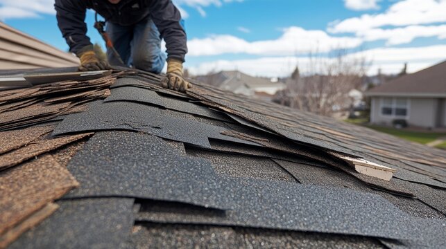Roofing worker inspecting a roof for damage after a storm. Featuring attention to detail and care