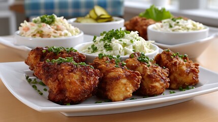 Fresh Crispy Southern Fried Chicken with Pickles and Side Dishes on a Plate