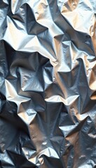 Crinkled silver foil surface with intricate folds and shimmering light, textured, crumpled