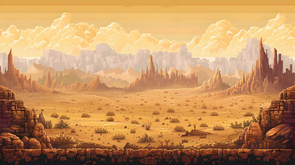 Vibrant Pixel Art Desert Landscape with Mountain Backdrop Under Warm Sky Scenery with Jagged Cliffs And Rocky Terrain For Video Game Or Digital Design