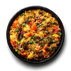 A top-down view of biryani with chicken, on a background 
