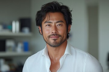 Obraz premium Handsome man smiling gently in white shirt with dark hair and eyes