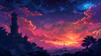 Vibrant Sunset Over a Pixelated Fantasy Landscape Featuring a Stone Castle Tower at Dusk with Purple Clouds and Starry Sky in a Tranquil Nature Scene