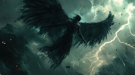 A fallen angel with tattered black wings flying through a thunderstorm, lightning crackling --ar 16:9 --v 6.1 Job ID: 283ba806-a477-4ac9-8e11-f61e427ba5fc