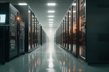 Data center operations high-tech server room modern facility digital infrastructure industrial environment wide-angle viewpoint
