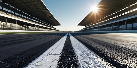Empty professional race track with dynamic tire marks and sunrise lighting, symbolizing adrenaline, precision, and the spirit of motorsport and endurance racing