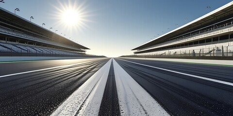 Empty professional race track with dynamic tire marks and sunrise lighting, symbolizing adrenaline, precision, and the spirit of motorsport and endurance racing