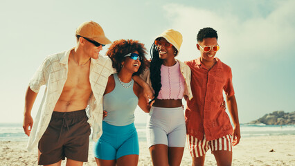 Happy, laugh and friends hug on beach for summer vacation, holiday and adventure together. Nature, travel and men and women by ocean or sea for bonding, relaxing and laughing on weekend outdoors