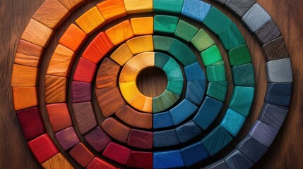 Fototapeta premium Colorful wooden blocks arranged in a circular pattern, showcasing a spectrum of colors
