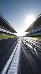 Sunlit racing circuit at dawn featuring fresh tire tracks and dramatic symmetry, perfect for themes of speed, competition, and high-performance motorsport energy

