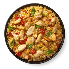 A top-down view of biryani with chicken, on a background 