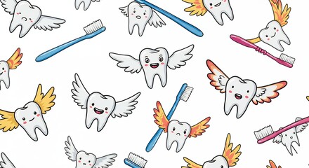 Cute cartoon teeth with wings and toothbrushes pattern