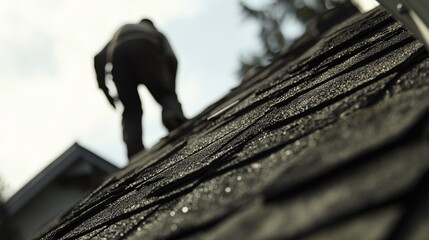 Roofing worker laying shingles on a residential roof. Featuring efficiency and expertise