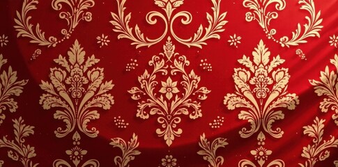 Classic red damask fabric pattern featuring intricate scrolling vines and geometric shapes, ideal for holiday decorations and formal events , classic, damask, fabrics