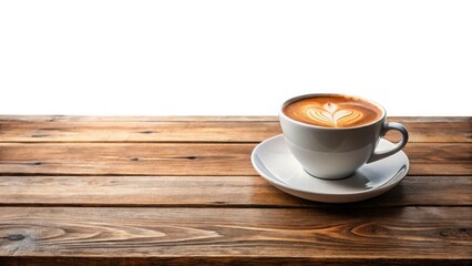 Obraz premium Morning Coffee Landscape: Cozy Cuppa on Rustic Wooden Table - Scenic Sunrise View