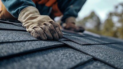 Roofing worker replacing shingles on a residential roof. Featuring skill and efficiency