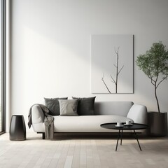 Modern Minimalist Living Room Interior Design with White Sofa and Black Coffee Table