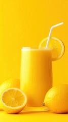 lemonade day concept. Refreshing lemon drink with citrus fruits on a bright yellow background.