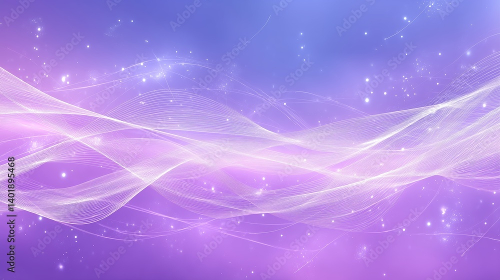 Aufkleber Abstract futuristic background with glowing light waves and stars in vibrant purple tones, featuring copy space for technology or science banner design. Digital data connection network concept with dy