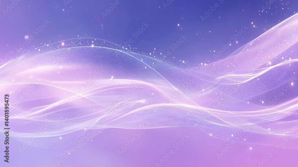 Poster Abstract futuristic background with glowing light waves and stars in vibrant purple tones, featuring copy space for technology or science banner design. Digital data connection network concept with dy