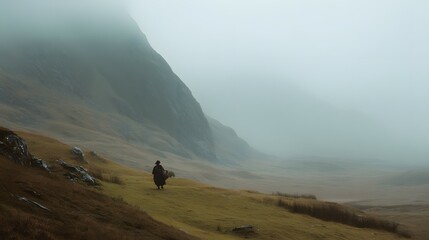 Person walks in misty landscape with mountains and grass.