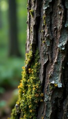 Obraz premium close-up of rough-hewn wooden tree trunk with moss and lichen growth, forest floor, moss, nature photography