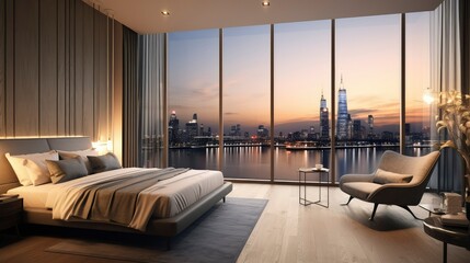 Luxurious Modern Bedroom with Stunning City Skyline View at Sunset