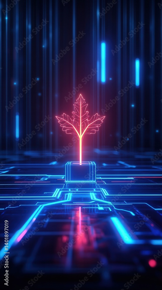 Poster futuristic concept. digital tree symbolizing innovation and technology integration.