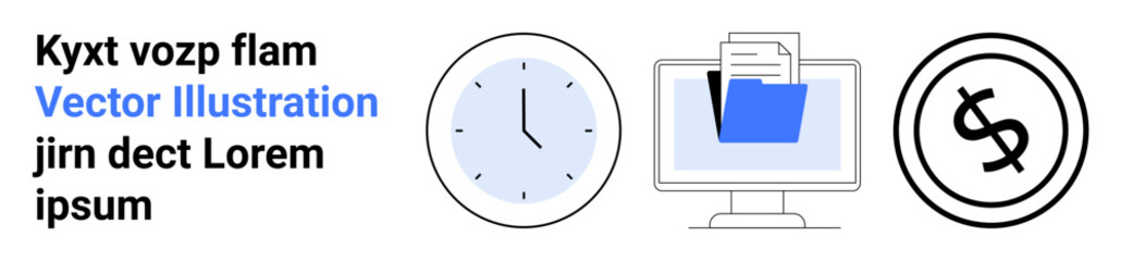 Clock symbolizing time, computer folder representing digital file organization, and dollar sign linked to finance. Ideal for productivity, business, file management, saving, budgeting, planning