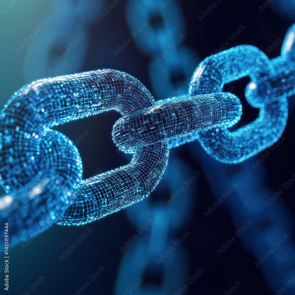 Poster a digital chain link, representing interconnected data points and a complex system.
