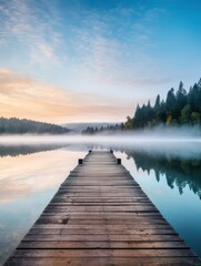 Fototapeta premium Serene Sunrise Wooden Dock Extending to Misty Lake