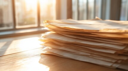 Stacks of papers resting on a sunlit wooden table by a large window in a cozy study