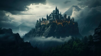 Naklejka premium Majestic Mountaintop Castle in a Dramatic Landscape