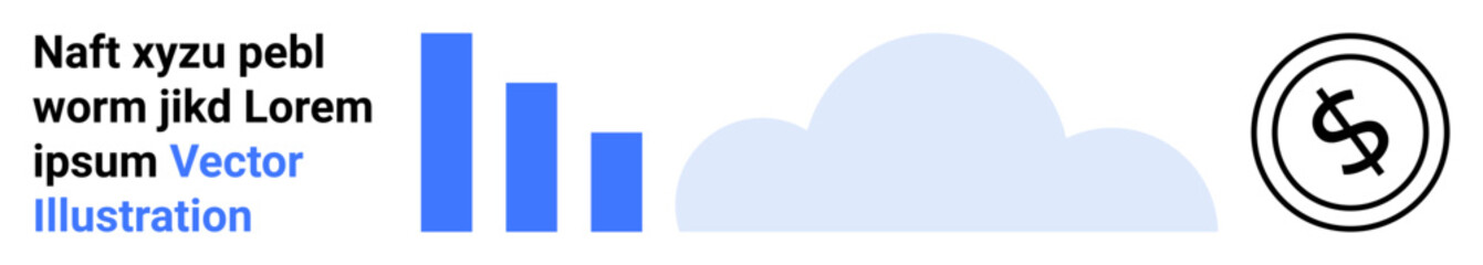 Vertical bar chart, cloud icon, and currency sign highlighting data storage, financial management, tech services, cloud computing, analytics, finance, and abstract line flat metaphor