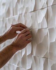 Tile setter aligning ceramic tiles on a bathroom wall. Featuring precision and design