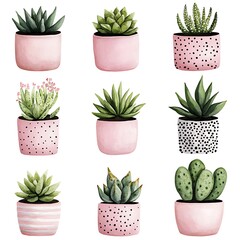 Nine Watercolor Succulents in Pink and White Pots